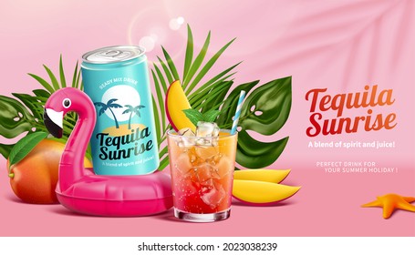 3d Tequila Sunrise Ad. Concept Of Pink Tropical Jungle Paradise. Drink Can On Flamingo Swimming Ring With A Glass Of Cocktail Aside. Decorated With Tropical Plant And Mango Around.