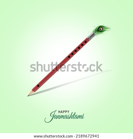 3d texture pencil and peacock feather represent Indian festival Happy Janmasthami. 3d illsutration.