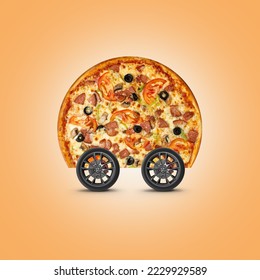 3d texture pizza and 3d car wheel represent pizza delivery. 3d illustration. - Powered by Shutterstock