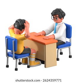 3D therapy session between a child and counselor, symbolizing mental health support, emotional guidance, and professional intervention for wellbeing.