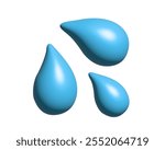 3D three light blue droplets icon, as sweat beads, splashing down to right