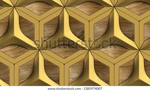 3D rhombus wallpaper of golden and wood oak solid elements
