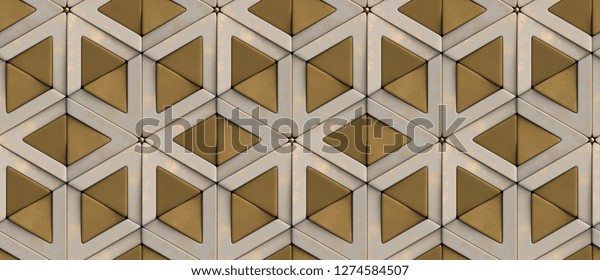 3D tiles old golden rhombuses and matte gold triangles with gold decor sphere elements. High quality seamless realistic texture.