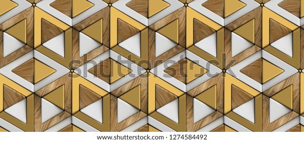 3D tiles wood white and golden rhombuses and triangles with gold sphere decor elements. High quality seamless realistic texture.