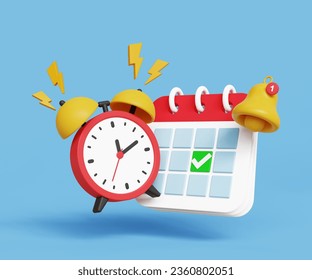 3D time management concept. Punctuality, meeting reminder. Appointment or schedule notification. Calendar with alarm clock and bell icon. 3d illustration - Powered by Shutterstock