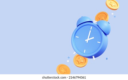 3D Time Is Money Concept. Mockup Banner With Alarm Clock And Coins. Online Payment And Tax Time Reminder. Poster With Empty Copy Space For Text And Promotion Isolated On Blue Background. 3D Rendering