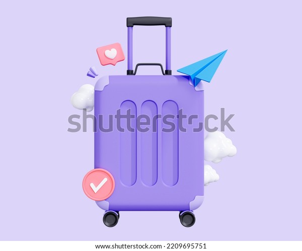 3D Time to travel concept. Suitcase with\
luggage. Summer vacation for social media. Booking business flight.\
Paper airplane. Cartoon creative design icon isolated on purple\
background. 3D\
Rendering