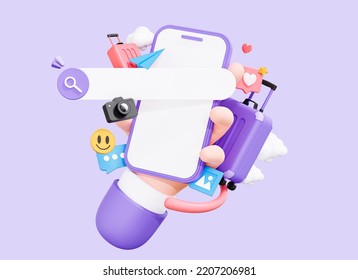 3D Time to travel. Hand holding mobile phone with vacation search tour. Social media promotion concept. Online booking flight. Cartoon creative design icon isolated on purple background. 3D Rendering - Powered by Shutterstock