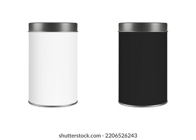 3D Tin Can White And Black Color Product Package Mockup Type Cylinder Form Design, Object Isolated On White Background. 3d Rendering.