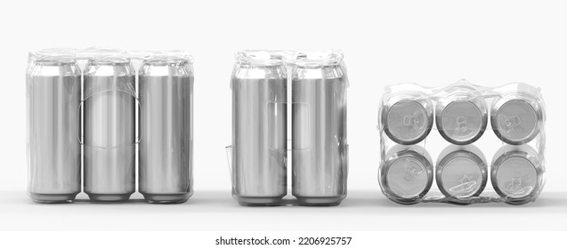 3D Tin Cans Soda Or Beer In Shrink Wrap, Mockup Front, Side And Top View. Realistic Set Of Metal Jars In Transparent Plastic Packing, Silver Drink Bottles Isolated On White Background. 3D Illustration