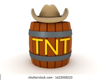 3D TnT powder keg with cowboy hat on top. 3D Rendering isolated on white.