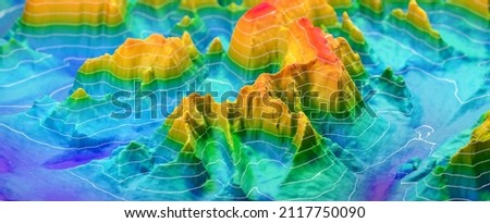 3D Topographic height map, geology survey. Topographic cartography, contour map, 3D relief. abstract geographic resource map with mountains. 3D rendering Photo stock © 