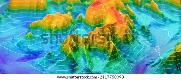 3D Topographic height map,\
geology survey. Topographic cartography, contour map, 3D relief.\
abstract geographic resource map with mountains. 3D\
rendering
