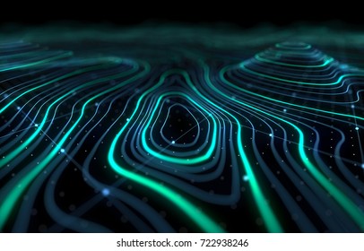 3D Topographic map background concept. Topo contour map. Rendering abstract illustration. Valleys and mountains. Geography concept. Wavy backdrop. Space surface. magic blue neon light curved lines

