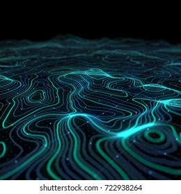 3D Topographic map background concept. Topo contour map. Rendering abstract illustration. Valleys and mountains. Geography concept. Wavy backdrop. Space surface. magic blue neon light curved lines

