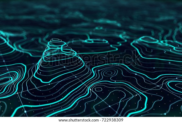 3D Topographic map background concept. Topo\
contour map. Rendering abstract illustration. Valleys and\
mountains. Geography concept. Wavy backdrop. Space surface. magic\
blue neon light curved\
lines\
\

