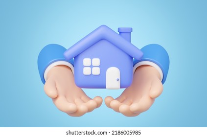 3D Toy House In Hand Floating Isolated On Blue Background. Hand Holding Home Icon. Investment, Real Estate, Mortgage, Offer Of Purchase House, Loan Concept. Mockup Cartoon Minimal Icon. 3d Rendering.