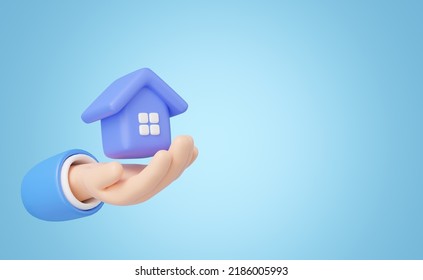 3D Toy House In Hand Floating Isolated On Blue Copy Space Background. Hand Holding Home Icon. Investment, Real Estate, Mortgage, Offer Purchase, Loan Concept. Mockup Cartoon Minimal Icon. 3d Rendering