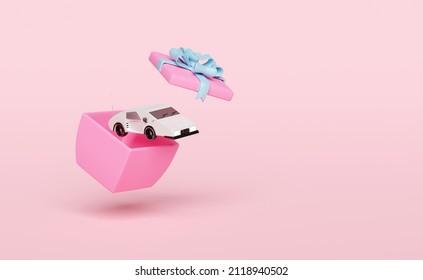 3d toy white sports car radio with pink gift box isolated on pink background. concept minimal abstract, 3d render illustration  - Shutterstock ID 2118940502