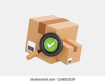3D Tracking Parcel In Cardboard Box. Order Delivery Confirmation. Track The Parcel Concept. Magnifying Glass With Check Mark. Cartoon Creative Design Icon Isolated On White Background. 3D Rendering