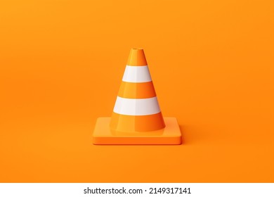 3D Traffic Cone On Orange Background Of Warning Safety Under Construction Symbol Or Transportation Security Attention Street Road Sign And Maintenance Caution Stop Icon Repair Alert Accident Notice.
