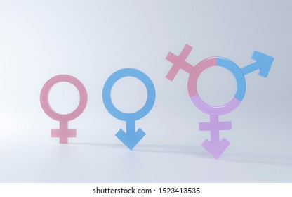 3D Transgender Symbol, Abstract Male And Female Pink, Blue, Purple Icon Homosexuality Symbols And Signs On White Floor Background. Concept Of Choice Or Gender Confusion Or Dysphoria. 3d Illustration