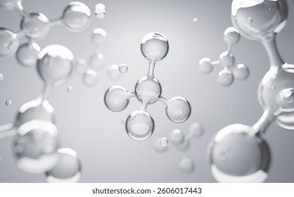 3D transparent molecular structures floating in clean space, symbolizing science, purity, and innovation. Ideal for cosmetic, skincare, or biotechnology concepts.