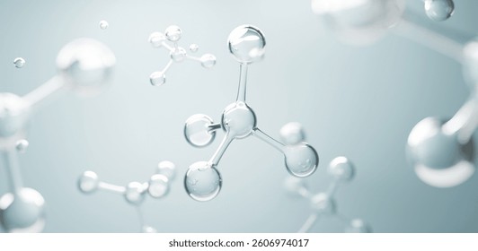 3D transparent molecular structures floating in clean space, symbolizing science, purity, and innovation. Ideal for cosmetic, skincare, or biotechnology concepts.