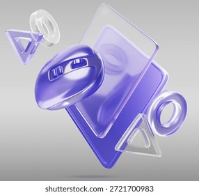 3d transparent purple computer mouse on pad for video game. Glass holographic wireless gaming mice with geometric controller gamepad button symbols flying on grey render background. 3D Illustration
