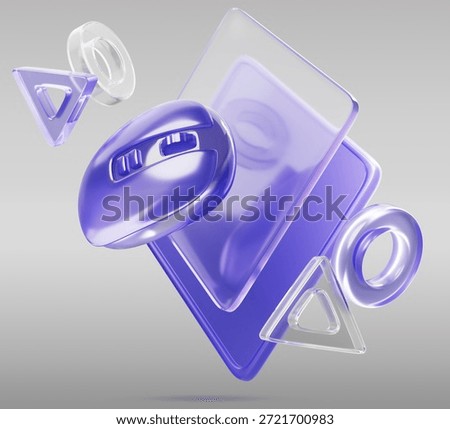3d transparent purple computer mouse on pad for video game. Glass holographic wireless gaming mice with geometric controller gamepad button symbols flying on grey render background. 3D Illustration