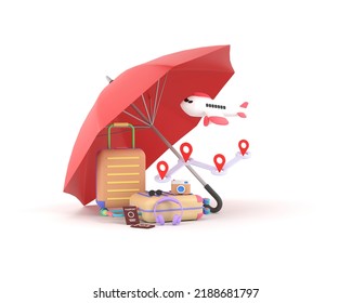 3D. Travel Insurance Business Concept. Red Umbrella Cover Airplane And Suitcases.
