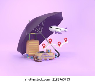 3D. Travel Insurance Business Concept. Purple Umbrella Cover Airplane And Suitcases.
