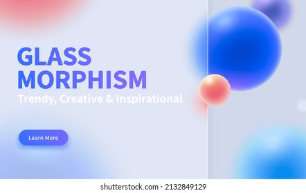 3d trendy and futuristic glass morphism website landing page template. Matte glass partition with colorful floating sphere. Suitable for technology or business corporate homepage.