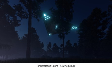 3D Triangular Ufo Hung In The Sky In The Evening