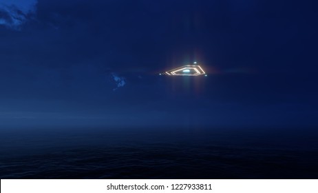 3D Triangular Ufo Hung In The Sky In The Evening