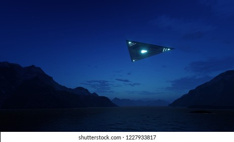 3D Triangular Ufo Hung In The Sky In The Evening