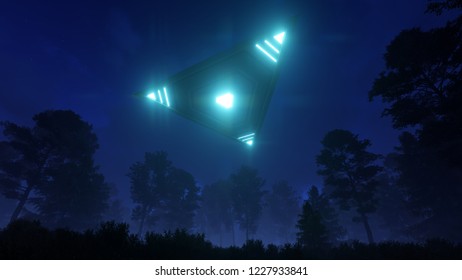 3D Triangular Ufo Hung In The Sky In The Evening