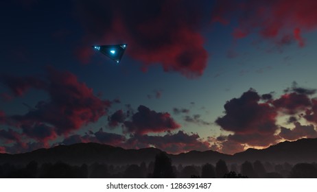 3D Triangular Ufo Hung In The Sky In The Evening