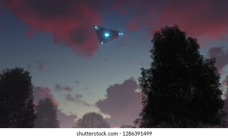 3D Triangular Ufo Hung In The Sky In The Evening