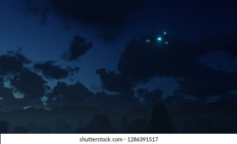 3D Triangular Ufo Hung In The Sky In The Evening