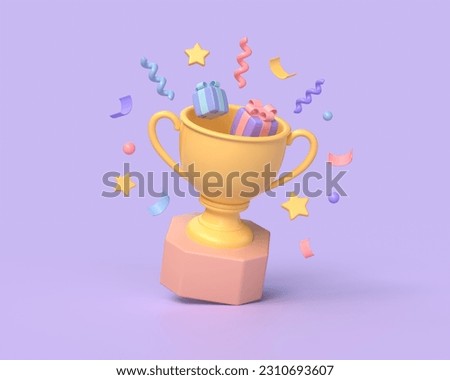 3d trophy or champion cup with gift boxes inside and confetti. victory celebration concept. 3d rendering illustration on a purple background.