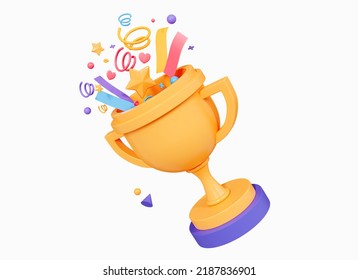 3D Trophy Cup With Confetti. Gold Winner Prize. Champion Reward. First Place. Game And Sport Celebration. Victory Congrats. Cartoon Creative Design Icon Isolated On White Background. 3D Rendering