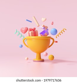 3D Trophy cup with floating gift, heart, ribbon and geometric shapes on pink background, celebration, winner, champion and reward concept. 3d render illustration