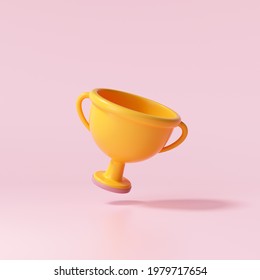 3d Trophy cup icon on pink background. 3d render illustration