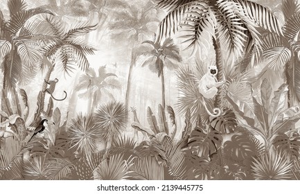 3d Tropical Forest Animals Wallpaper, Sepia Tone