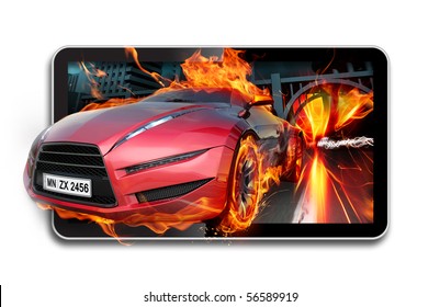 3D TV. Burning Car On TV Screen.