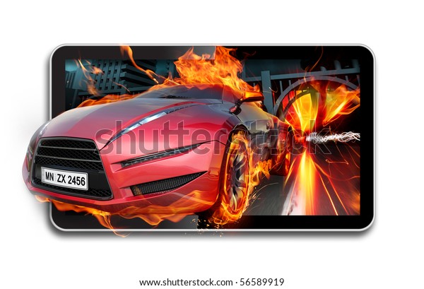 3D TV. Burning car on TV\
screen.