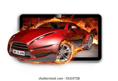 3D TV. Burning Sports Car On TV Screen.