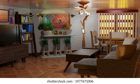 3D TV Room, Illustration, With White Brick Wall, Sofa, Brown Table, Dinner Table, With Multiple Lightning