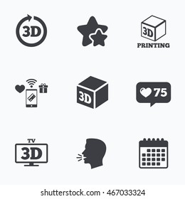 3d Tv Technology Icons. Printer, Rotation Arrow Sign Symbols. Print Cube. Flat Talking Head, Calendar Icons. Stars, Like Counter Icons. 